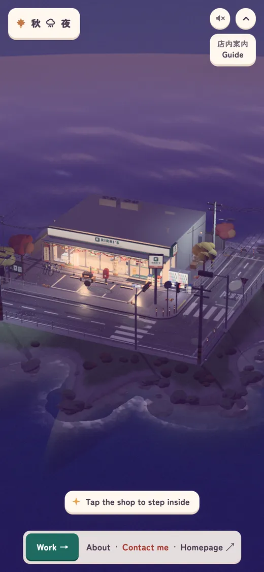 RIRRI'S at night on a phone, before the change: the shop lit up on its island above the sea.